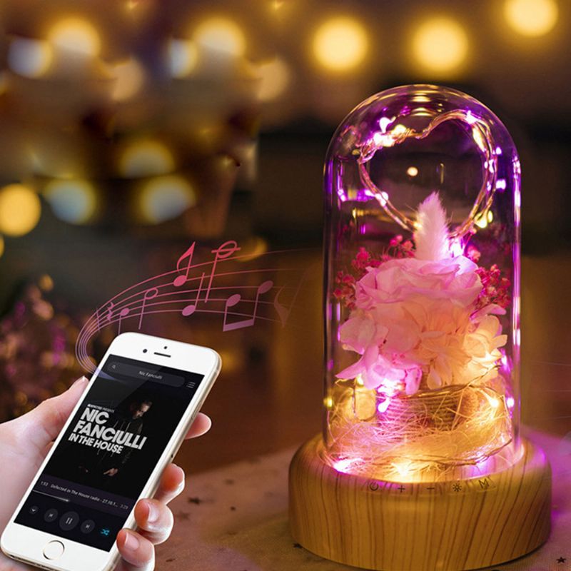 Enchanted Led Rose I Glasskuppel Bluetooth Stereo Roterende Musikkboks For Kone Elsker Kjæreste Bryllupsdag Bursdagsgave