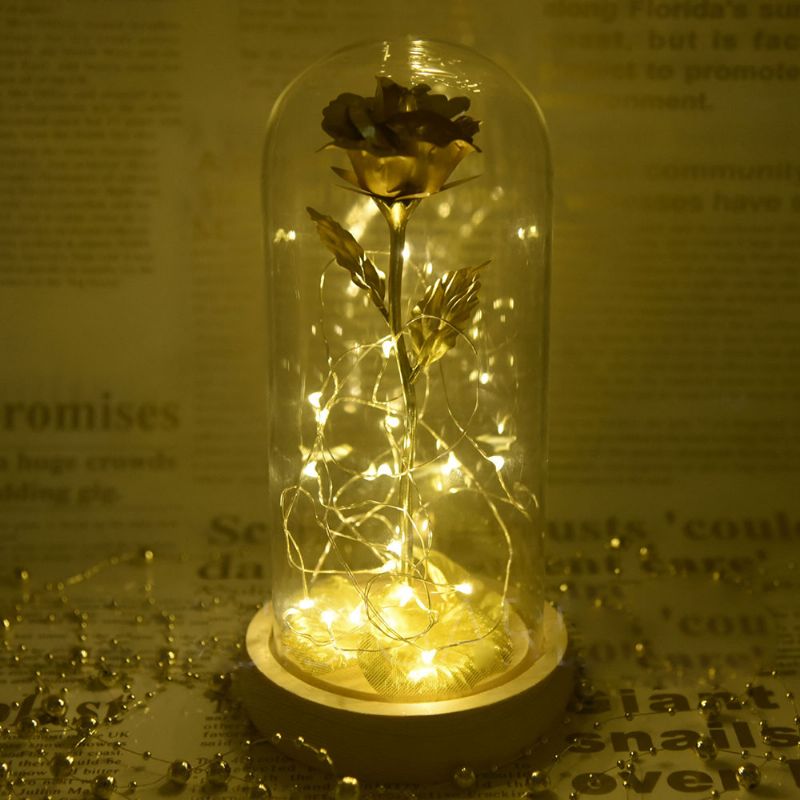 Gold Roses Lamp Med Fairy String Lights Fallne Kronblad Og Abs Base I En Glasskuppel Valentinsdagsgaver