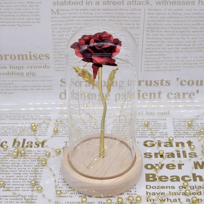 Gold Roses Lamp Med Fairy String Lights Fallne Kronblad Og Abs Base I En Glasskuppel Valentinsdagsgaver