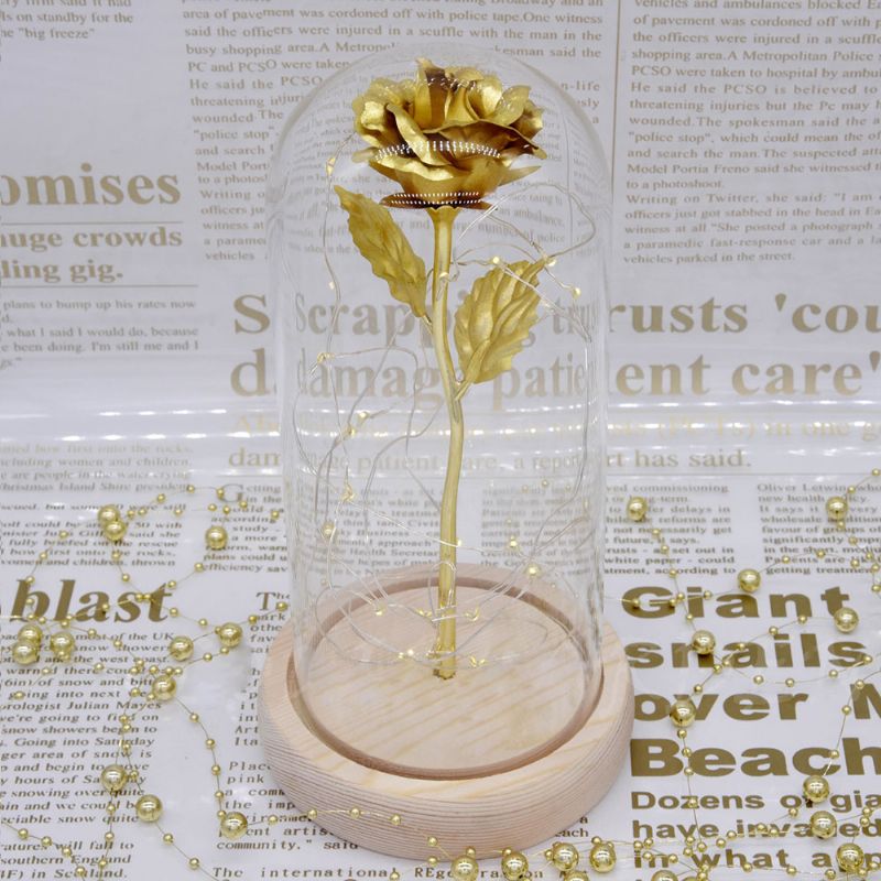 Gold Roses Lamp Med Fairy String Lights Fallne Kronblad Og Abs Base I En Glasskuppel Valentinsdagsgaver