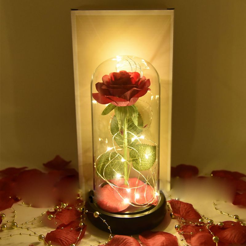 Rød Roselampe Med Led Fairy String Lights Fallne Kronblad Og Abs Base I En Glasskuppel Valentinsdag Beste Gave Til Henne