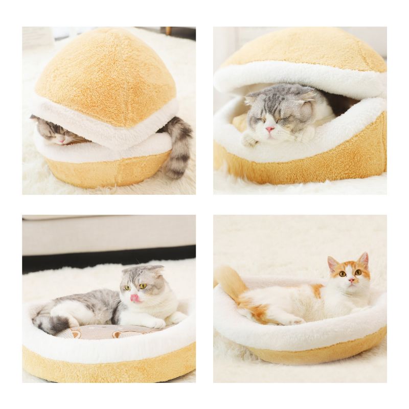 Hamburger Shape Cat House Med Myk Fløyels Og Pp Bomullsmateriale Hudvennlig Kattedyr