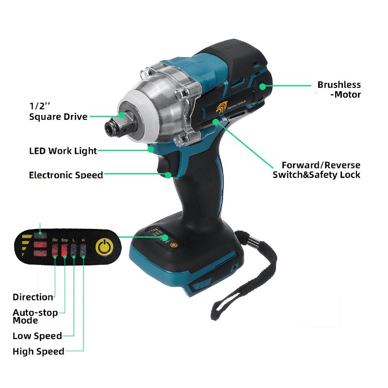 Drillpro 18v Børsteløs Ledningsfri Elektrisk Slagnøkkel Oppladbar 1/2 Skiftenøkkel Socket Power Tool For Makita Batteri