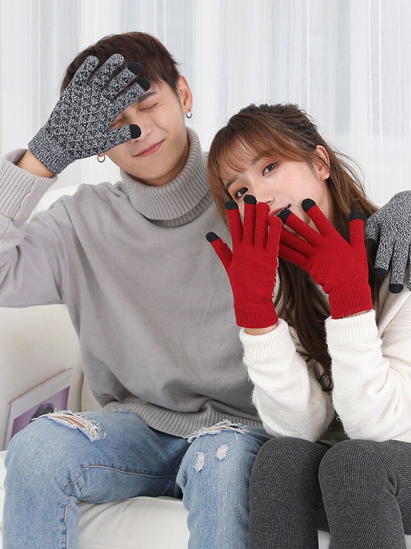 Unisex Knitted Plus Velvet Cold Proof Warmth Touch Screen Full-finger Hansker