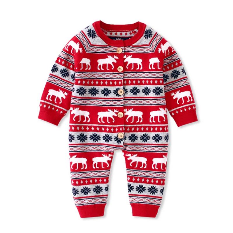 Jul Bodysuit For Baby Long-sleeve Cardigan Jumpsuits Med Klassisk Rund Krage Og Ribbestrikkede Mansjetter For Gutter Og Jenter