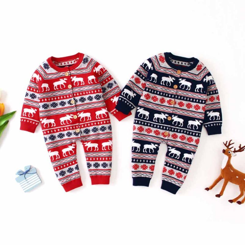 Jul Bodysuit For Baby Long-sleeve Cardigan Jumpsuits Med Klassisk Rund Krage Og Ribbestrikkede Mansjetter For Gutter Og Jenter