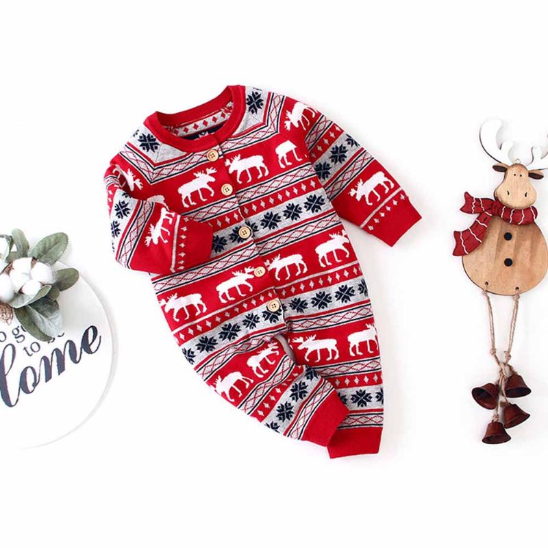 Jul Bodysuit For Baby Long-sleeve Cardigan Jumpsuits Med Klassisk Rund Krage Og Ribbestrikkede Mansjetter For Gutter Og Jenter