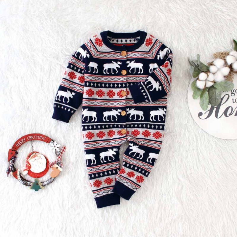 Jul Bodysuit For Baby Long-sleeve Cardigan Jumpsuits Med Klassisk Rund Krage Og Ribbestrikkede Mansjetter For Gutter Og Jenter