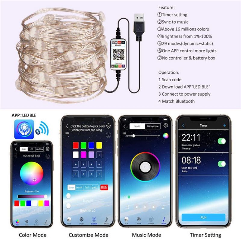 Led String Light Bluetooth Mobiltelefon App Kontroll Lights Julepynt Rgb Full Color Copper Wire